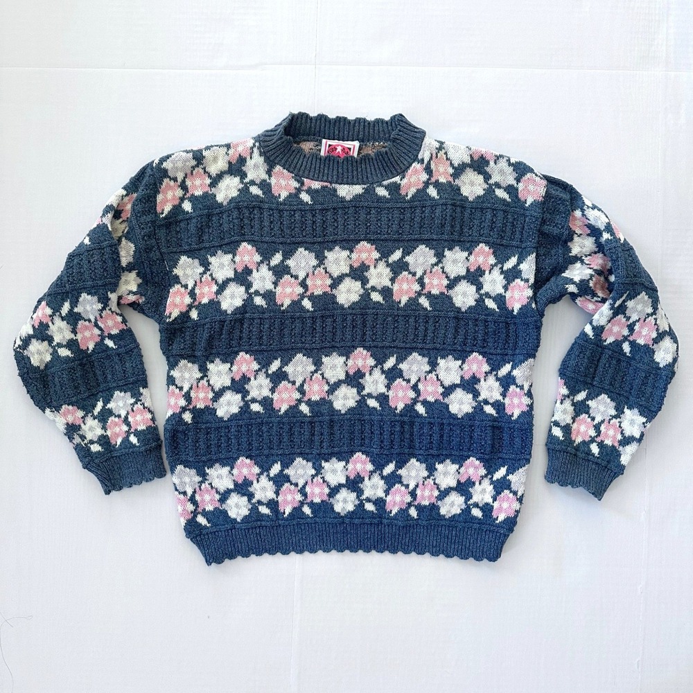 Vintage Kids Today Floral Knit Sweater Navy Pink White Cotton Made in USA Large